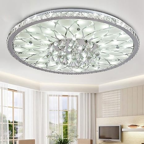 25w Led Round Ceiling Light Modern Simple Elegant Crystal Lampshade Creative White Iron Ceiling Lamp Personality Art Living Room Dining Bedroom