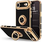 Hython for iPhone Air Case with Ring Stand, 360° Rotatable Ring Holder Magnetic Kickstand, Plating Rose Gold Edge Soft Cover Protective Phone Case for iPhone Air 6.5", Black