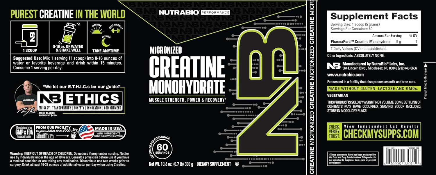 NutraBio Pure Micronized Creatine Monohydrate Powder Supplement, Unflavored, (300 g) - Supports Bulk Muscle Energy, Recovery, and Strength - HPLC Tested Creatine Powder Supplement for Men and Women