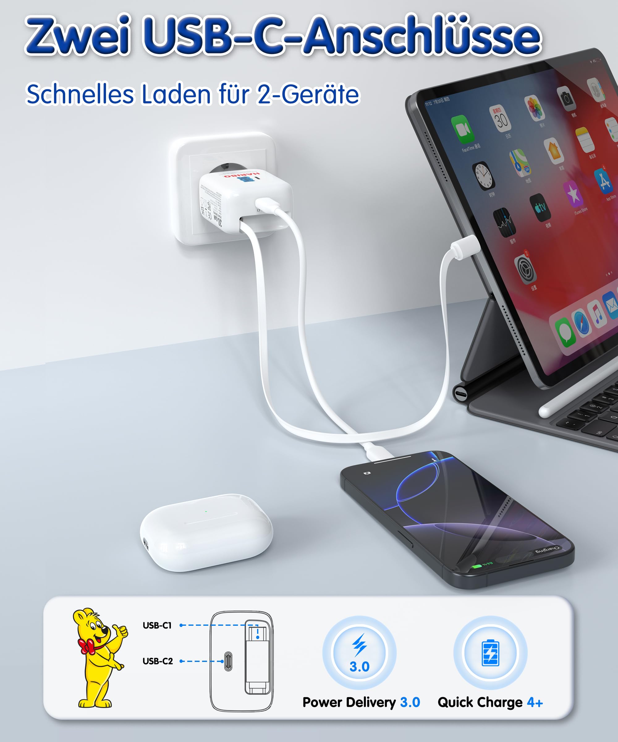 HARIBO 30W USB C Ladegerät mit Einziehbarem Ladekabel, Dual USB-C Schnellladegerät mit Kabel, GaN Netzteil Charger für iPhone 17 16 Pro Max, für iPad Pro, Galaxy S25 S24 Pixel, Reisen Geschenk, Blau 4