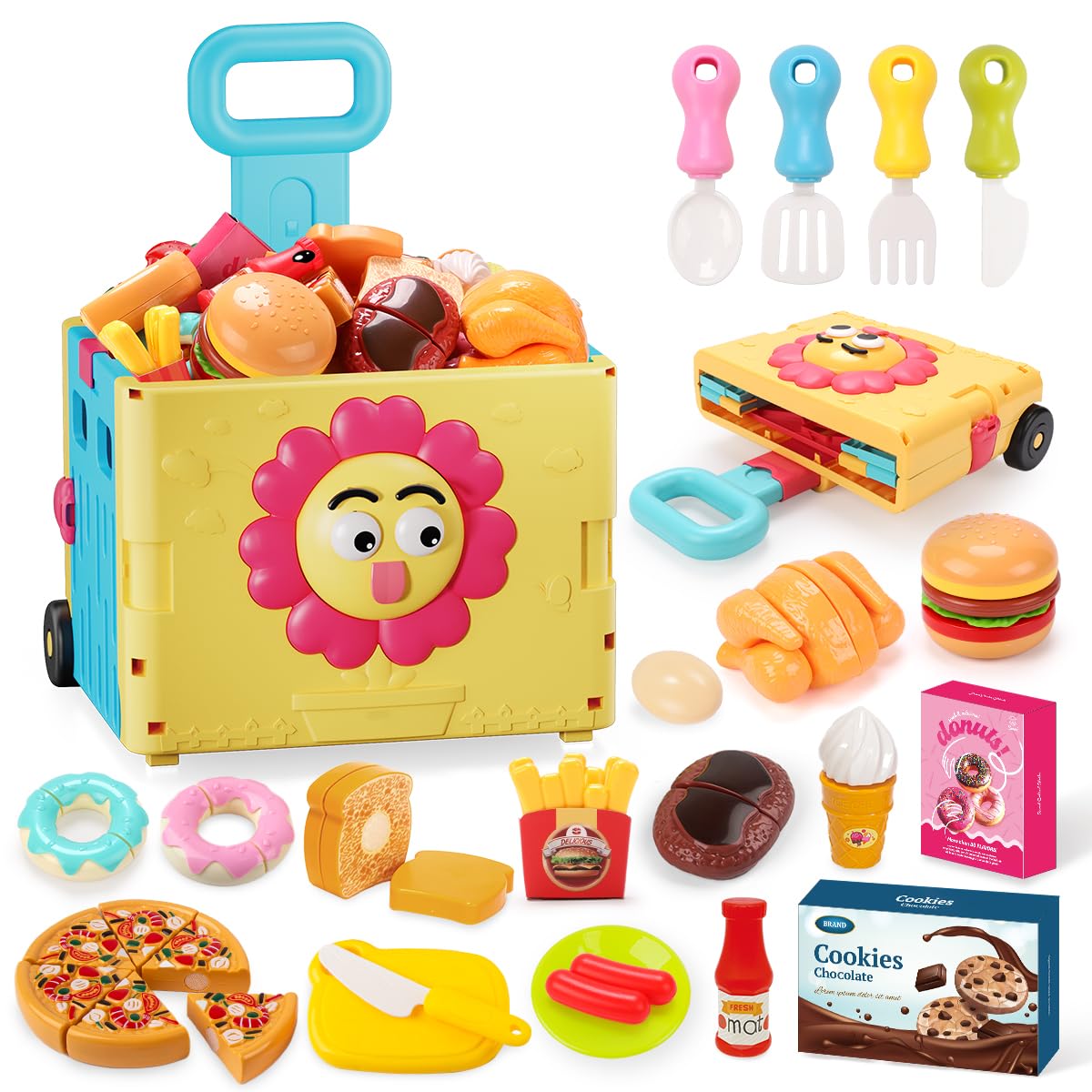 KaeKid 2IN1 Cutting Play Food Toy for Toddlers Kitchen, Folding cart+emoji set,Plastic Take Apart Toys Hamburger Fast Food Playset Kids Kitchen Accessories Role Play Toys for 3 4 5 Years Old Kids Boy