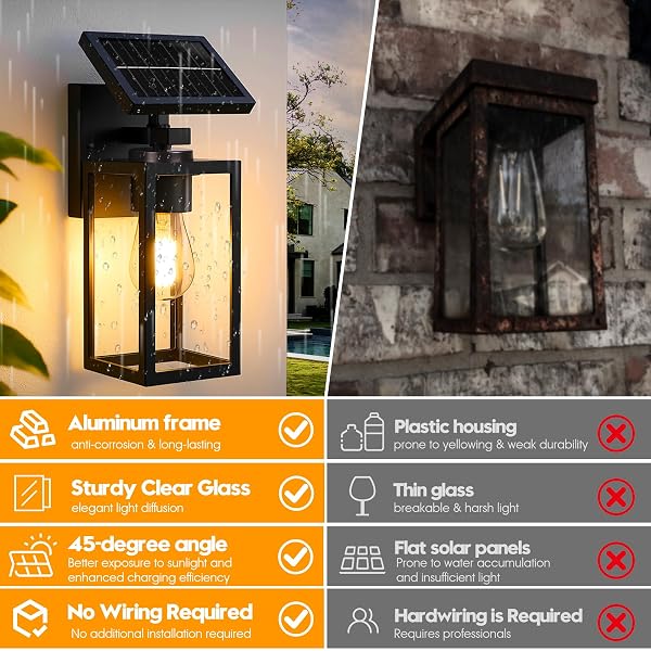 HAMESO 2PACK SOLAR WALL LIGHTS OUTDOOR, ALL-METAL DUSK TO DAWN SOLAR LANTERNS OUTDOOR WATERPROOF, PORCH LIGHTS FOR HOUSE FRONT, GARAGE, PATIO, SHED (BULB INCLUDED)
