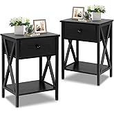 VECELO Night Stands for Bedroom Rustic Nightstand Bedside End Tables with Drawer Storage, (Set of 2), Classic Black