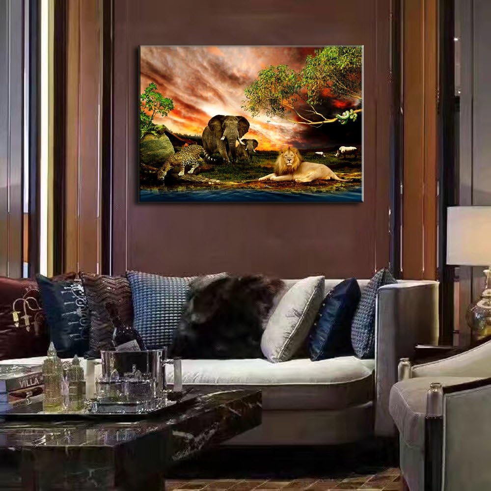 Global Artwork Printed Posters and Prints Animals Tiger Elephants Lion Picture Wall Art on Canvas for Living Room Home Decor Stretched Ready to Hang (24''W x 32''L)