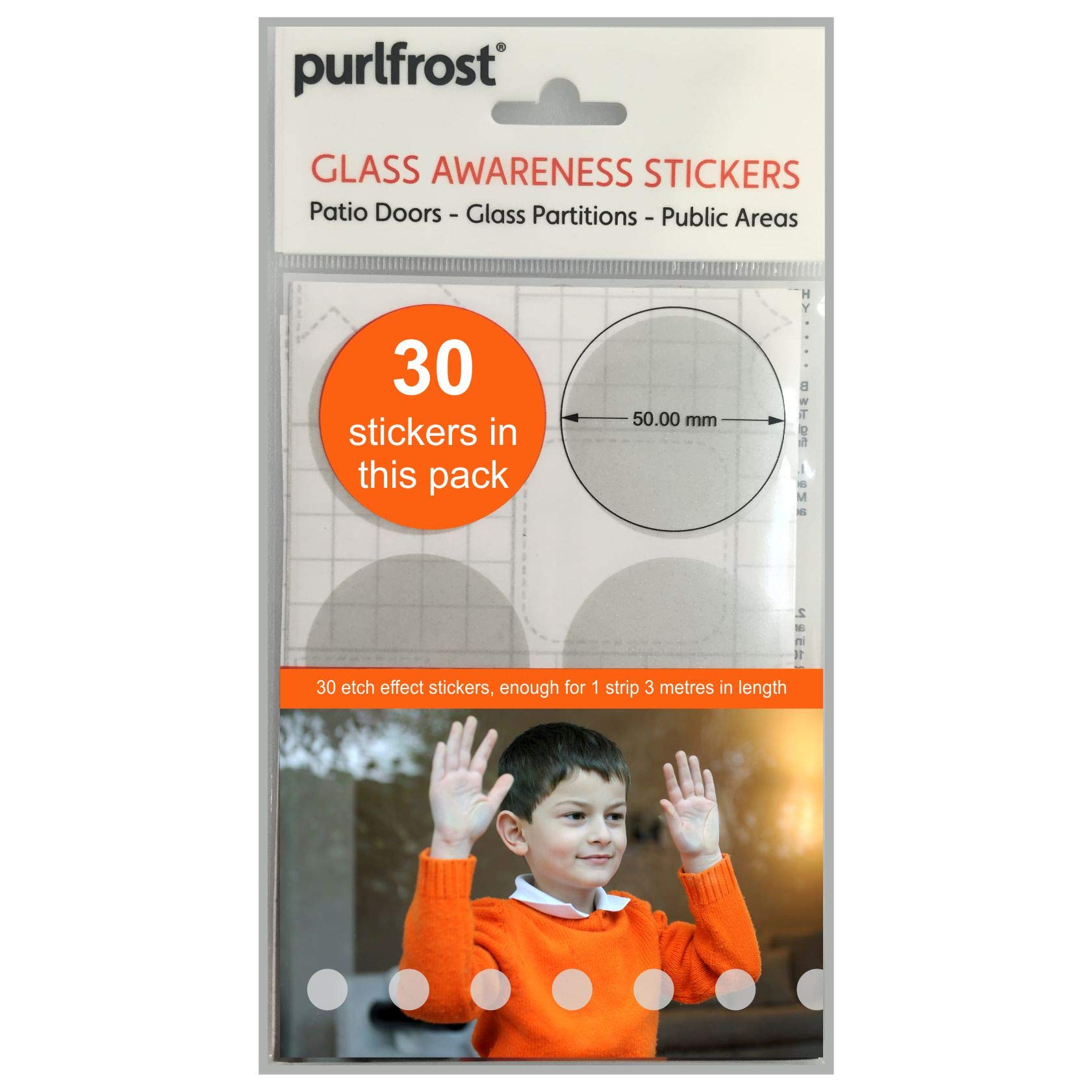 Purlfrost GENUINE Branded Etch Effect Safety Stickers for Glass. Pack of 30 Circles.