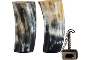 FENRIR Real Horn Beer Glasses with Hammer Opener, Hand Washable Round Beer Glass (Set of 2),(6 Inch)