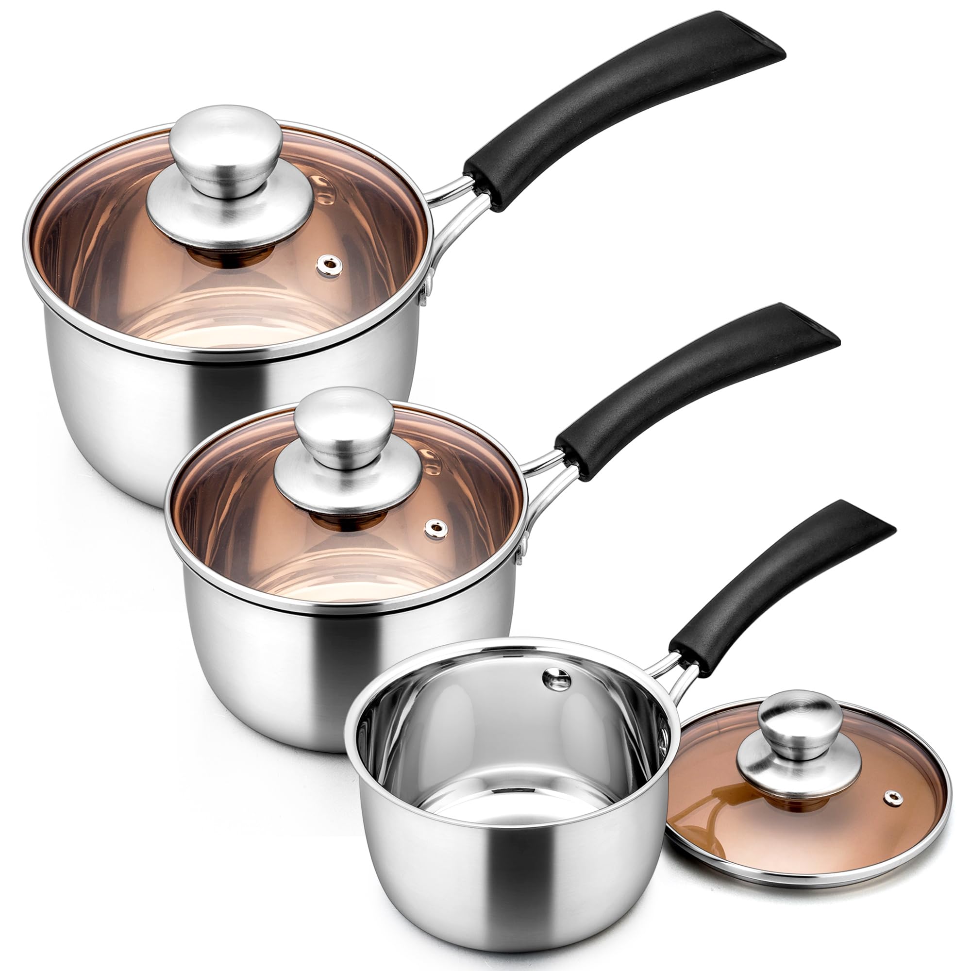Photo 1 of LIANYU 1QT & 2QT & 3QT Saucepan Set with Lids, 18/10 Stainless Steel Sauce Pan Cookware Sets, Kitchen Cooking Small Pots with Long Heatproof Handle, Easy Clean & Dishwasher Safe