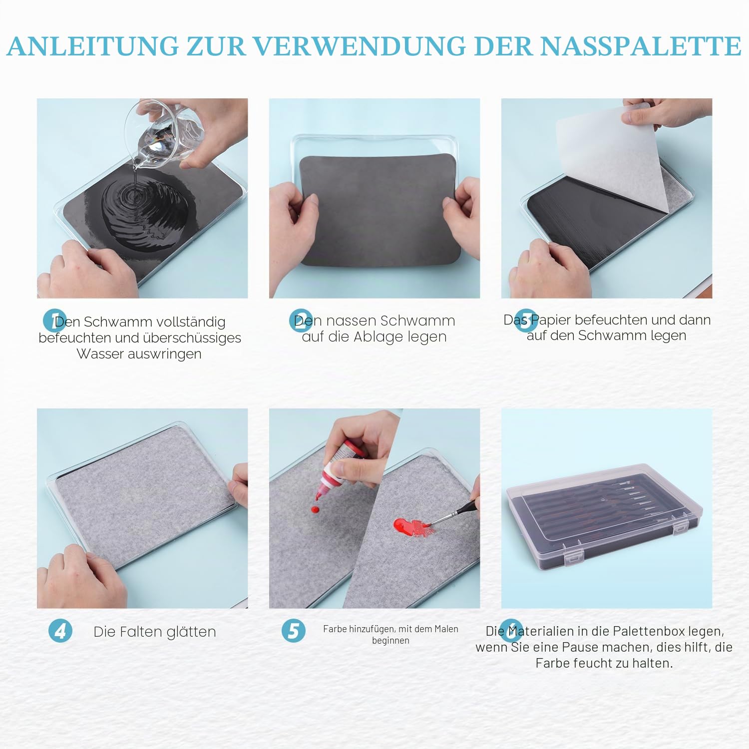 golden maple Nasspalette für Miniaturmalerei – Wet Palette für Acrylmalerei-Set mit 9 Miniatur-Pinseln, 50 Palettenpapieren, 2 Schwämmen, 1 Pinselhalter und 1 Schwamm-Schale 6