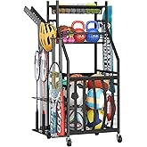 LUMAMU Sports Equipment Garage Organizer,Garage Ball Storage Rack with Elastic Straps,Small Rolling Ball Holder Cart with Wheels for Sports Gear,Indoor/Outdoor Toy Storage with Hooks and Baskets,BK