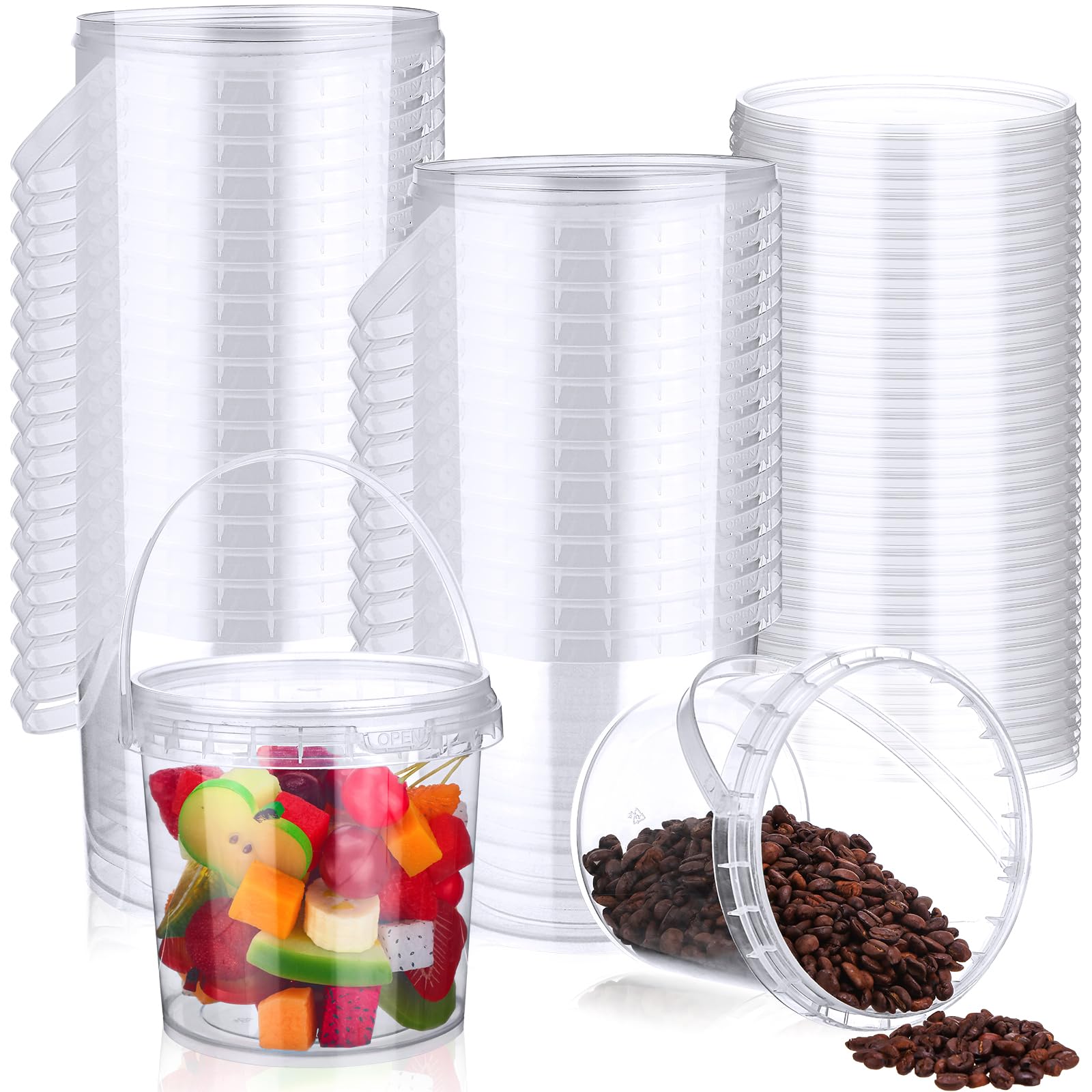 Photo 1 of *NO LID* Mifoci 50 Pcs 32 oz Plastic Clear Bucket with Lid and Handle Round Ice Cream Tub Airtight Food Storage Containers Reusable Pails, Freezer Safe for summer Party Kitchen Drinks Home