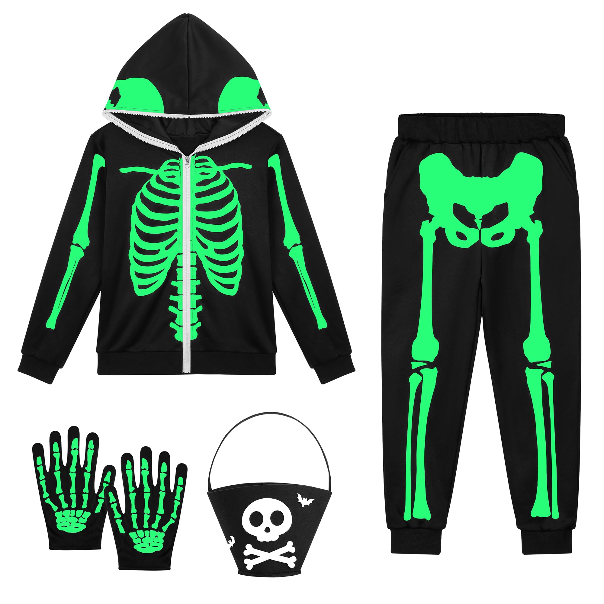 Photo 1 of SOMSOC Halloween Kids Skeleton Costume Outfit Glow in The Dark Zip Up Hoodie Pants Set with Gloves and Bag for Boys Girls