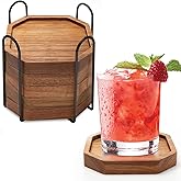 Cute Rustic Farmhouse Wooden Cup Coaster Set of 6 Cool Bar Drink Coasters with Holder Acacia Wood Coasters for Coffee Table Desk Decorative Outdoor Modern Coaster Home Decor Beverage Accessories Gift