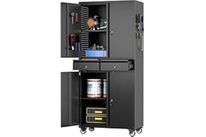 LOCENHU Garage Cabinet with Locking Doors,Tool Storage Cabinet with 4 Wheels and 2 Drawer- 71" H Rolling Storage Cabinet with Holey Board for Garage,Warehouse,Home,Office,School(Black)