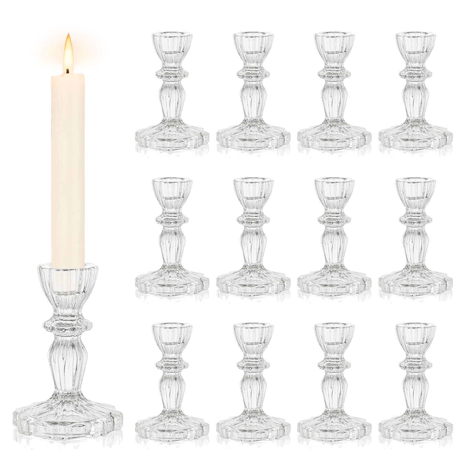 Inweder Glass Candlestick Holders Vintage Candle Holers: 12 Pcs Clear Candle Holder Crystal Candle Stick Holder Taper Candle Holders for Wedding or Home Decoration