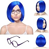 Knitgrip 2 Pcs Halloween Costume Accessories Blue Bob Wigs Frame Purple Glasses Straight Short Wig with Bangs Colorful Party Hairpieces for Women Cosplay Supplies