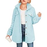 Haloumoning Girls Fuzzy Fleece Jacket Casual Button Down Sherpa Overcoat Faux Fur Jackets Outwear 4-15 Years
