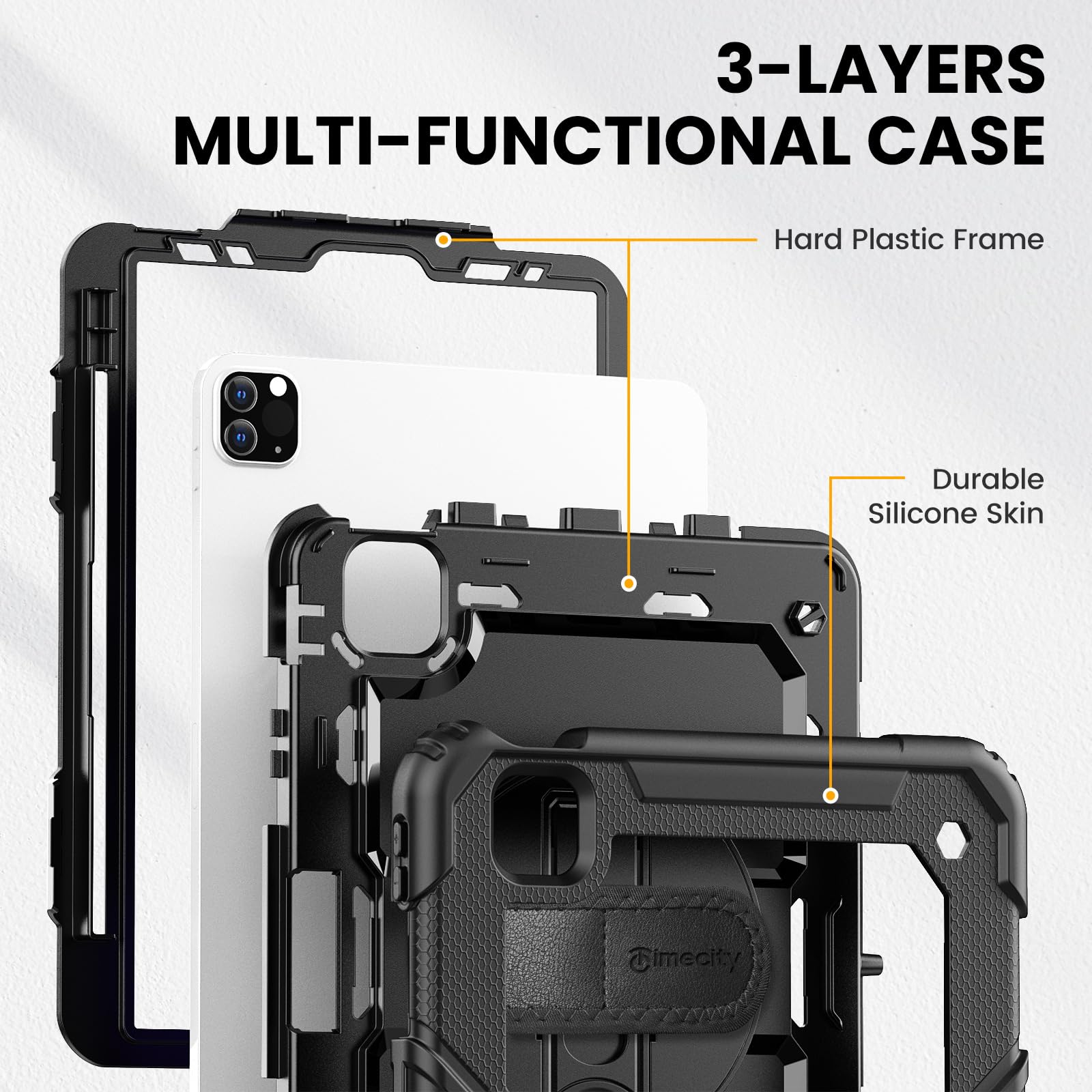 Timecity Case for iPad Pro 11 inch 1st, 2nd, 3rd, 4th Generation 2018/2020/2021/2022 (NOT for 2024), Heavy Duty Rugged Protective Case with Screen Protector,Pencil Holder,Rotating Stand&Handle-Black