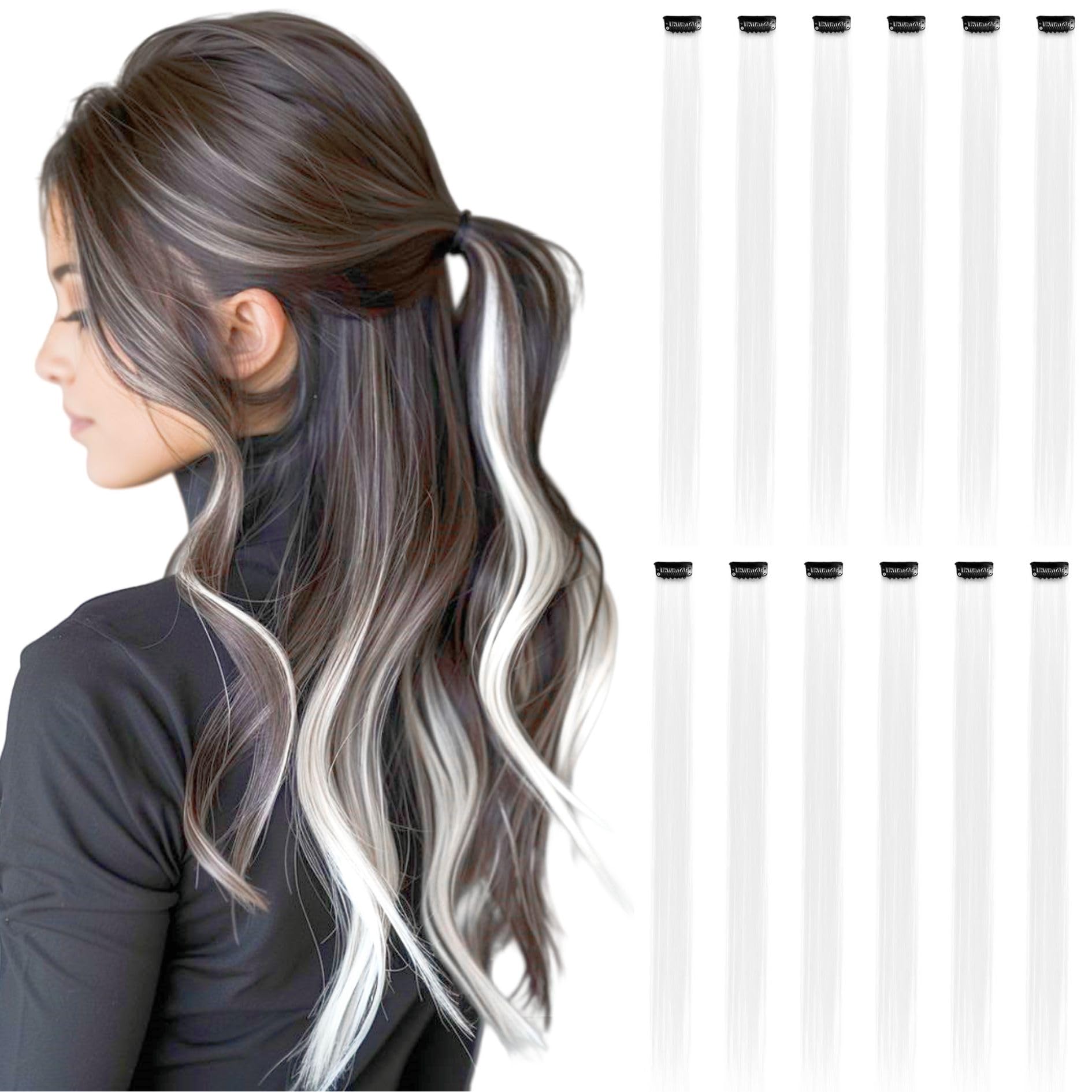 Photo 1 of BUMMSEVEN Colored Hair Extensions Clip in for Kids Girls Women, 22 inch Straight, 12 pieces White