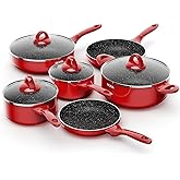 Induction Cookware Pots and Pans Set 10 Piece, BEZIA Dishwasher Safe Nonstick Cooking Pans, Stay-Cool Bakelite Handle, Scratch Resistant Kitchen Sets with Frying Pans, Saucepans & Stockpot (Red)
