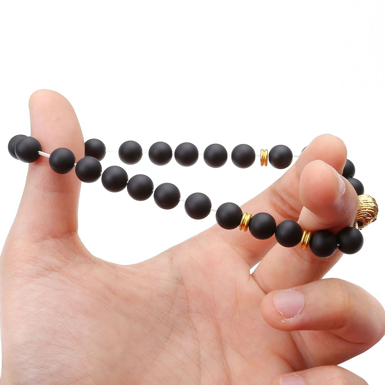 Jovivi 8mm-Pierres Perles d\'Energie Agate Noire Matte Perles Bracelet Extensible Elastique Tibétain Bouddhiste avec Tête de Lion Unisexe -