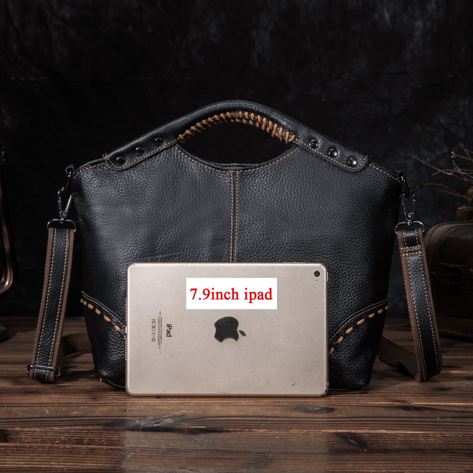 Le'aokuu Womens Genuine Real Leather Vintage Shoulder Handbags Crossbody Messenger Tote Bag Satchel Purse (Black)