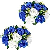 Briful Artificial Flower Balls for Tables Centerpieces – 2PCS 8.6" Silk Rose Floral Arrangement with Plastic Base Fake Floral Bouquet for Wedding Parties Baby Showers DIY Event Home Decor(Blue White)