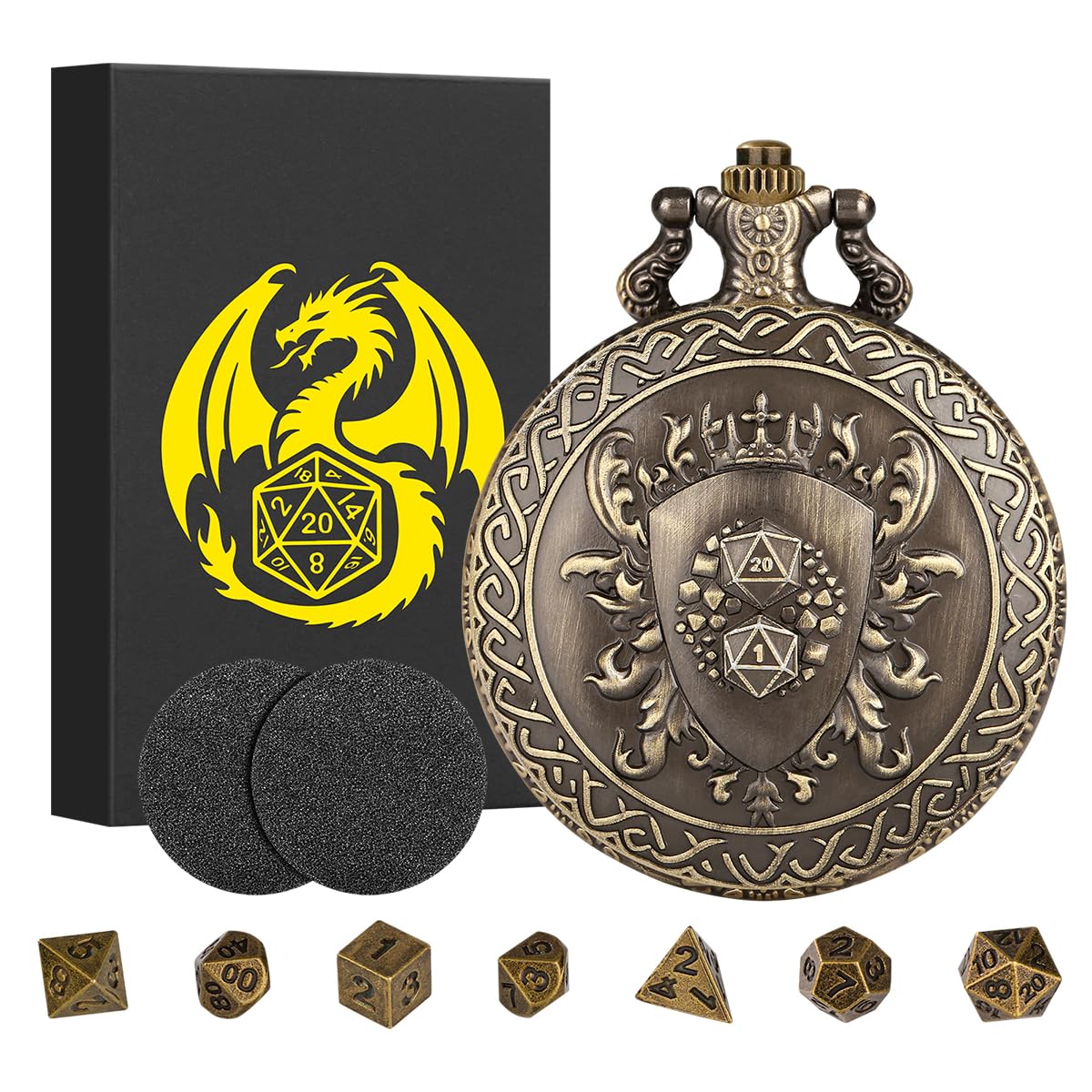 Mini DND Dice Set with D20 and D1 Shield Patterns Pocket Watch Shell Case, DND Starter Set, 7pcs Polyhedral Mini Metal Dice Set, D&D Gifts with Gift Box, Role Playing Board Game Accessories, Bronze