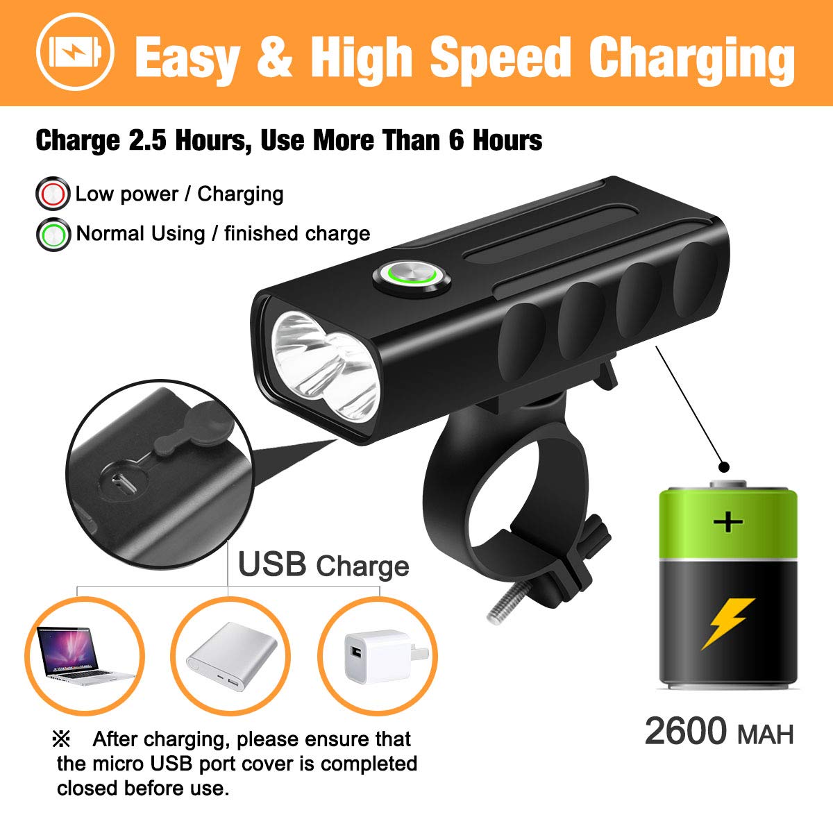 LED Bike Light Set,USB Rechargeable Bicycle Lights Headlight Front and Back Rear Tail Light, Built in 2600 mAh Battery Super Bright Waterproof Safety Flashlight For Mountain Road Kids Men Cycling