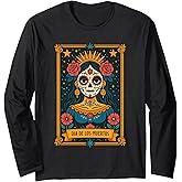 Tarot Catrina Top for Women, Dia De Los Muertos Sugar Skull Long Sleeve T-Shirt