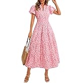 Wenrine Womens Summer Floral Maxi Dress Casual V Neck Puff Short Sleeve Smocked Loose Boho Beach Dresses with Pockets