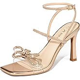 ZURIN Women's Rhinestone Bow Heels Square Toe Strappy Heeled Sandals Sparkle Stiletto High Heels Dress Party Evening Prom Crystal Shoes