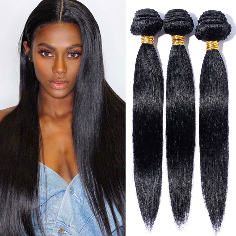 Elailite 8"-24" Human Hair Weave Bundles Grade 7A Brazilian Virgin Hair Extensions Weft Remy Straight #1B Natural Black (1 Bundle, 10 Inch, 100g) — image 1