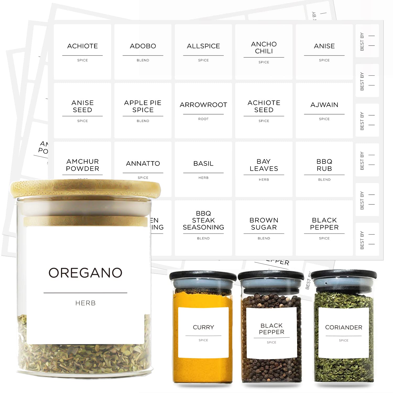 184 Spice Jar Labels, Prefdo Minimalist Preprinted White Sticker Black Text, Waterproof Seasoning Label stickers for Pantry Spice Organization（White）