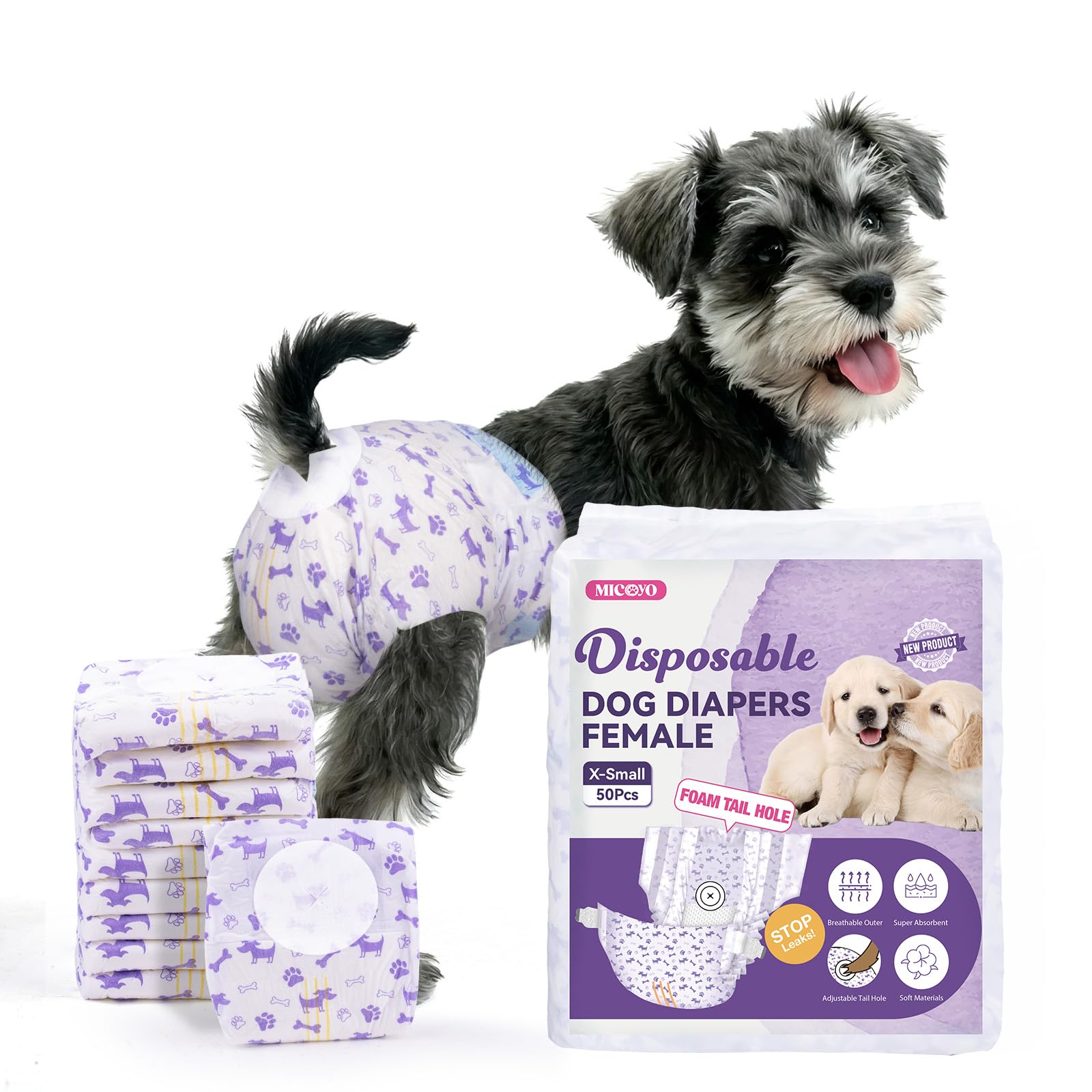 MICOOYO Dog Nappies Female 50 count, Disposable Dog Period Pants with Adjustable Tail Hole, Super Absorbent Diapers for Female Dogs Cat in Heat Season Incontinence(XS)