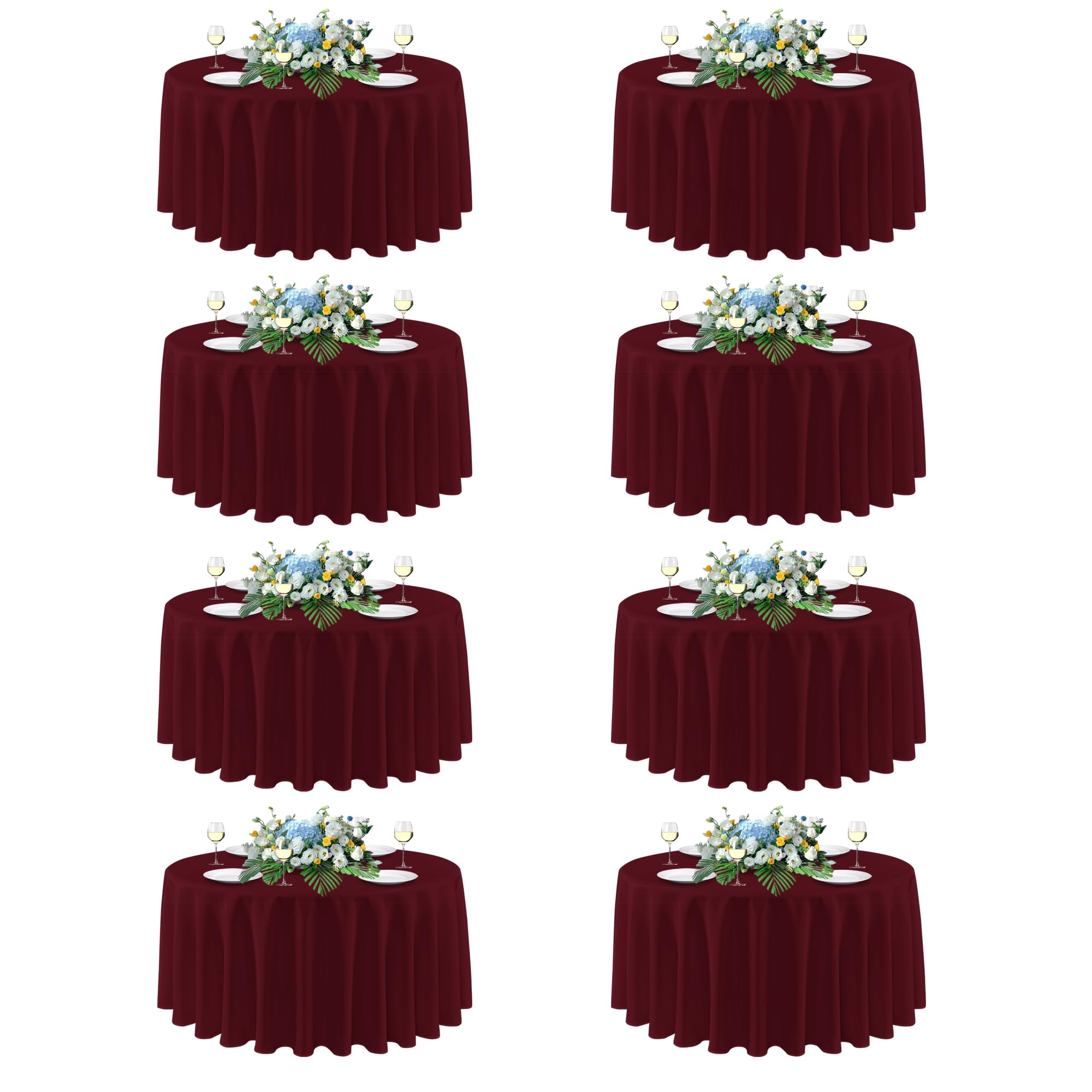sancua Round Tablecloth 108 Inch Diameter, 8 Pack Burgundy - Circle Polyester Fabric Table Cloth for Chiristmas Party Reception Banquet Birthday, Washable Formal Table Cover (Fit 42-96 Inch Tables) Image