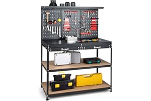 Goplus Work Bench with Storage, 48" x 24" Work Table with Pegboard, 2 Drawers, Hanging Accessories, Topping Space, 4-Tier Heavy Duty Metal Tool Storage Bench, Workbench for Garage, Workshop