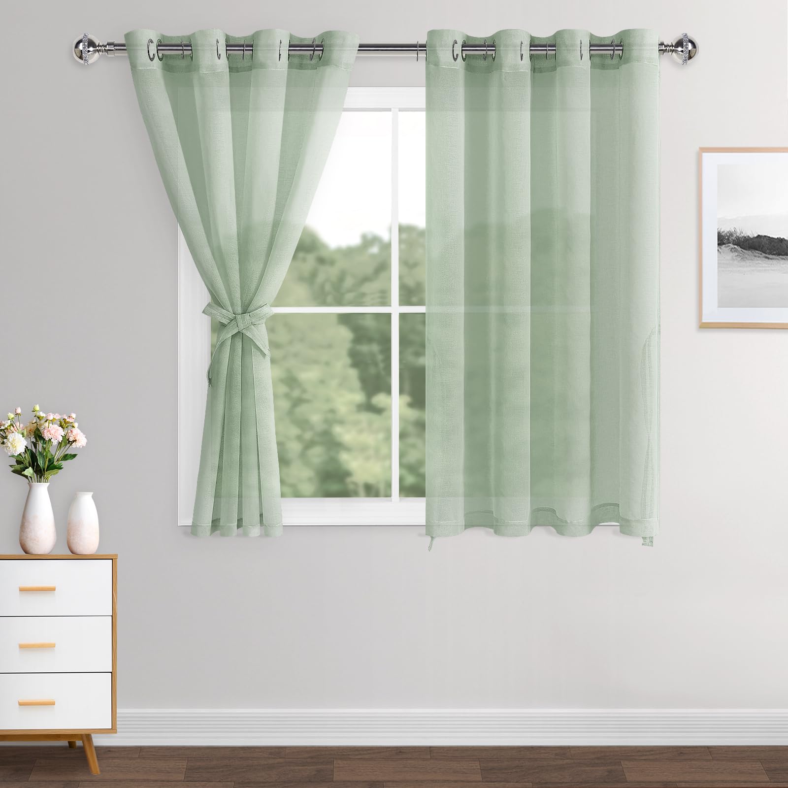 XWZO Bean Green Sheer Curtains Semi Transparent Eyelet Top Linen Look Voile Panels/Drapes/Treatment for Bedroom Living Room,W55*L54，Set of 2