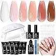 Beetles Poly Nail Gel Kit 6 Colors Clear Nude Brown Nail Extension Gel Set Builder Hybrid Jelly Gel with Nail Lamp Poly Extension Gel Nail Kit with Slip Solution Base Top Coat Gel Polish for Women