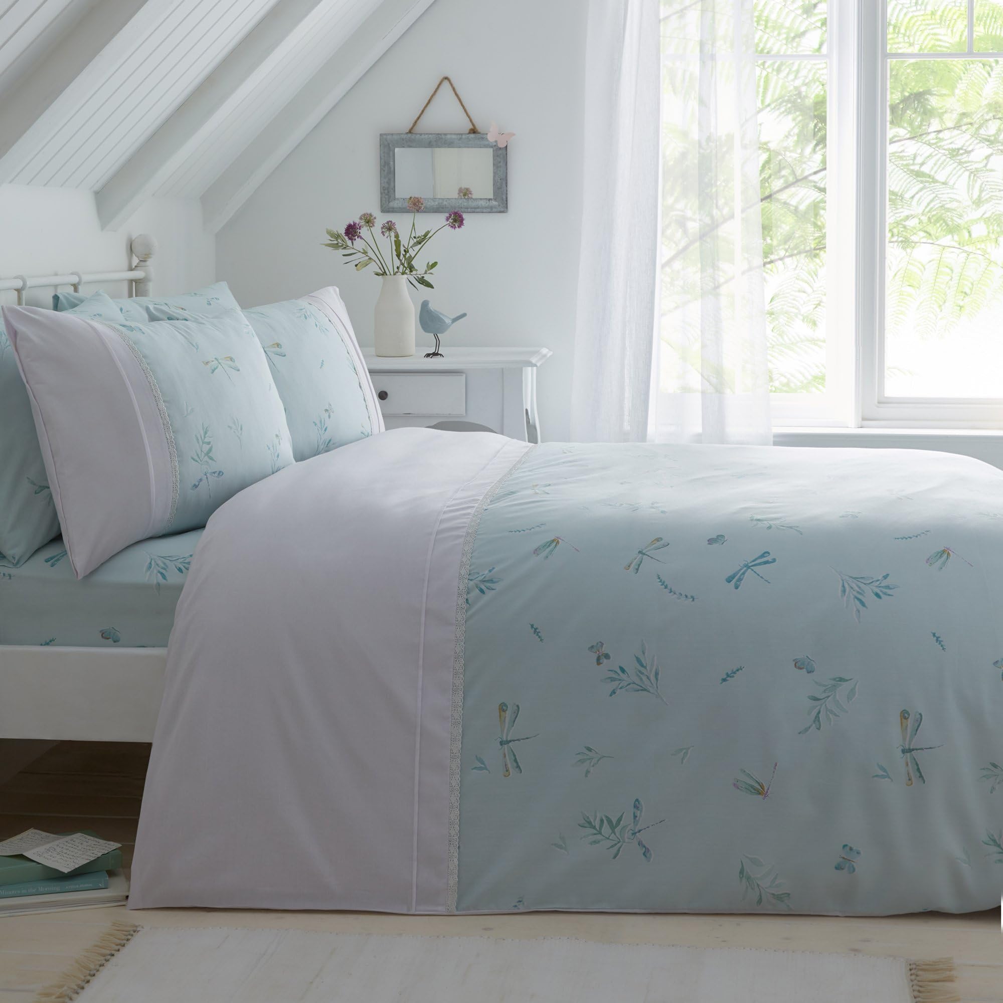 Dreams & Drapes - Duck Egg Floral & Dragonfly Duvet Cover - Double Size (200 x 200cm) - Classic White Lace/Frill Trim - Vintage White Bedding with Botanical Print