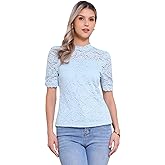 Allegra K Lace Tops for Women Mock Neck Puff Short Sleeve Elegant Floral Blouses Dressy Casual Shirts