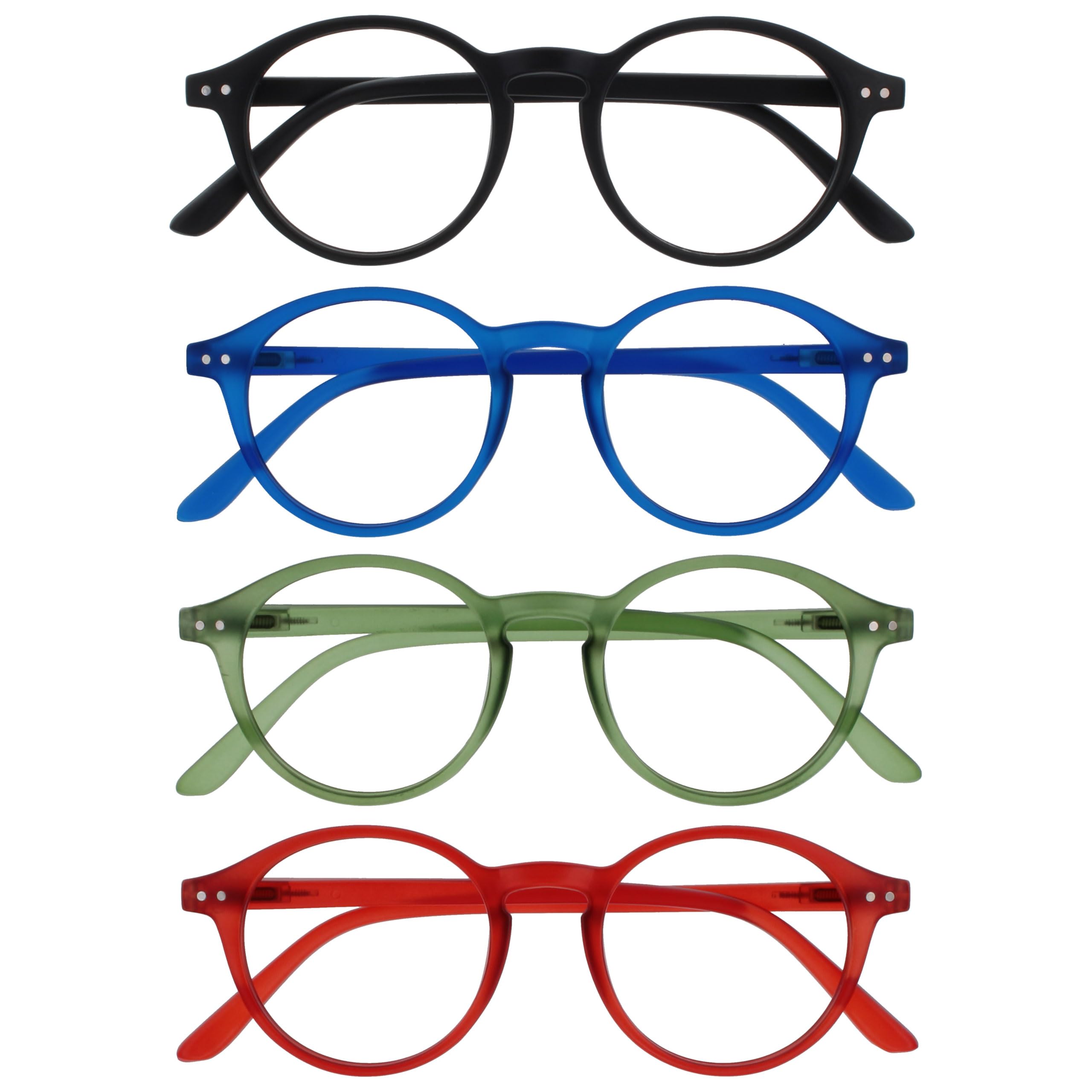 OPULIZE REY Reading Glasses - 4-Pack - Retro Round Frame - Matt Black, Blue, Green, Red - Mens Womens - Spring Hinges - RRRR56-136Z - +1.50