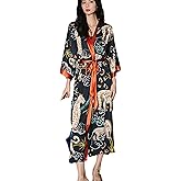 Daiwor Kout Silk Satin Robe for Women Long Japanese Kimono Robe Lightweight Soft Bathrobe Floral Luxury Dressing Gown