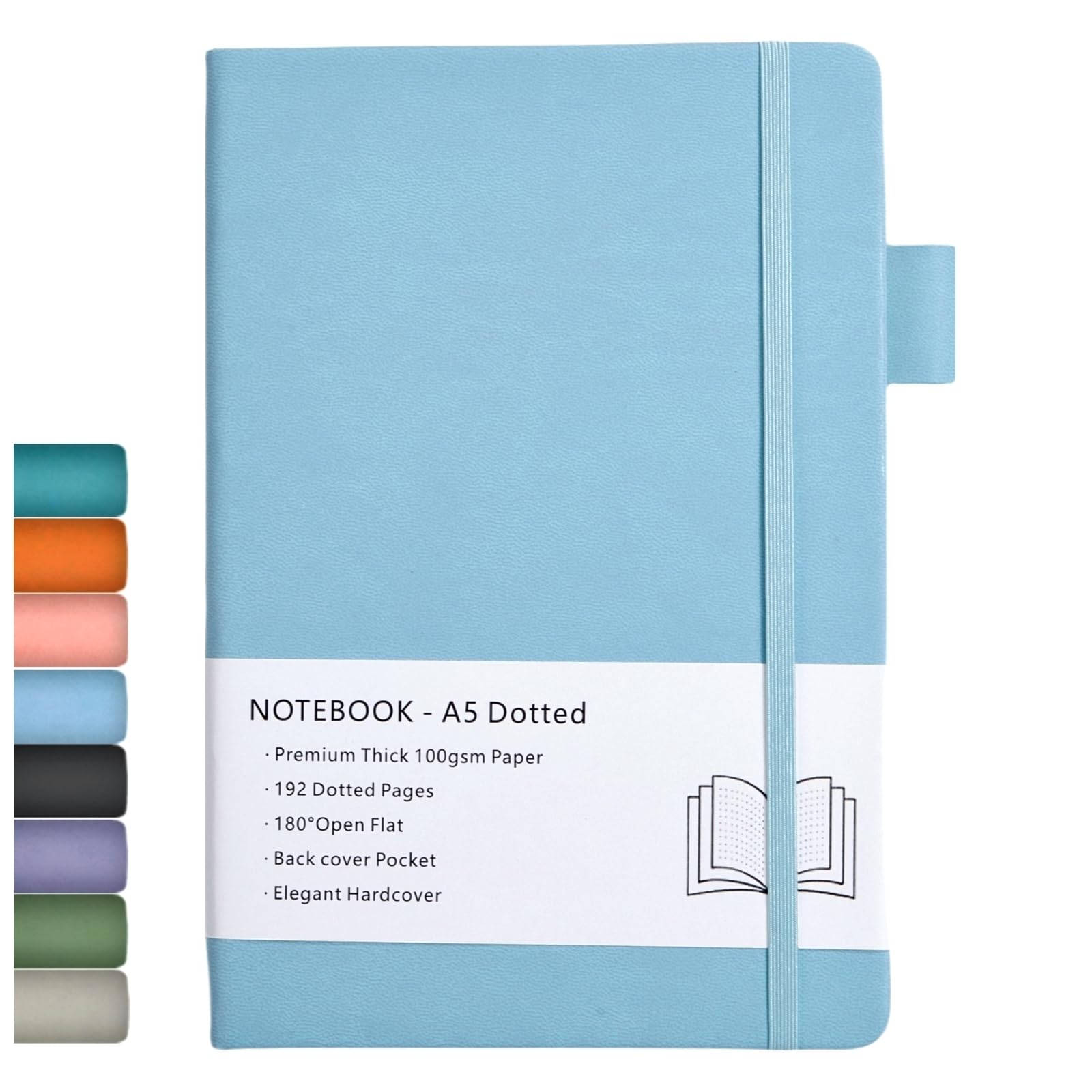 Dotted Journal, A5 Hard Cover Dotted Journal with Premium 100 GSM Thick Paper, 192 Pages, Inner Pocket, Elastic Banded, Faux Leather Cover, 14.5X21.3 cm (Blue)