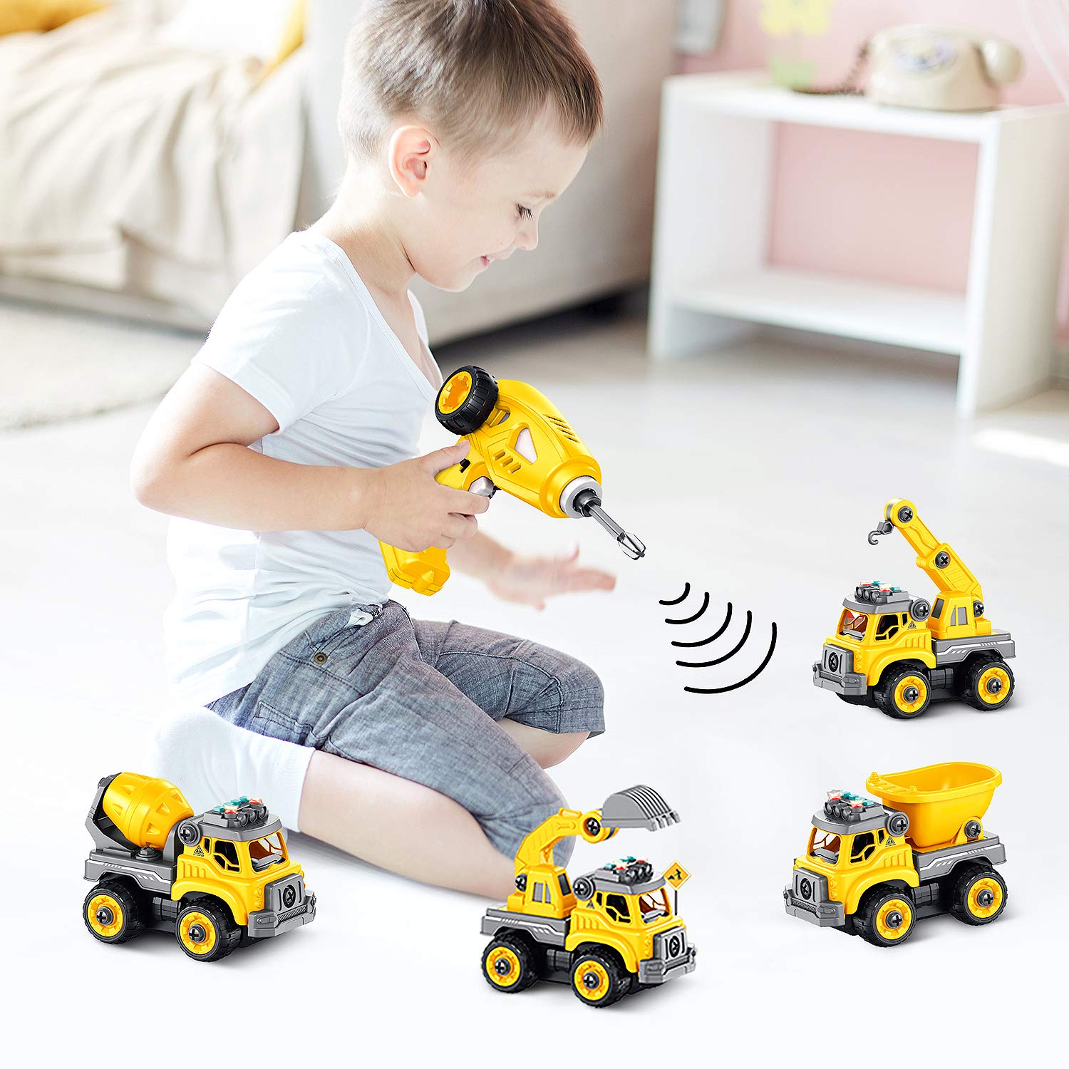 4-in-1 Take Apart Construction Toys for Kids, 36Pcs RC Car Trucks w/Electric 360° Drill Remote Control, DIY STEM Vehicle Building Toy, Sounds, Lights, Rechargeable, 3 4 5 6 7 Year Old Boys, Girls