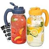 Soligt Glass Mason Jar Pitcher with Lid, Wide Mouth Flip Cap Pour Spout Leak-proof Lid with Handle, 64 oz (2 Quart / 1.9 Liter), Navy and Yellow, 2 Pack