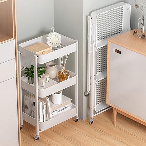 Amazon キッチンワゴンキッチン収納カート3段 ツールワゴン キャスター付きワゴン 折りたたみ収納カート 組立不要 幅45cm 奥行29 5cm 高さ77cm 白い キッチンワゴン 収納カート オンライン通販