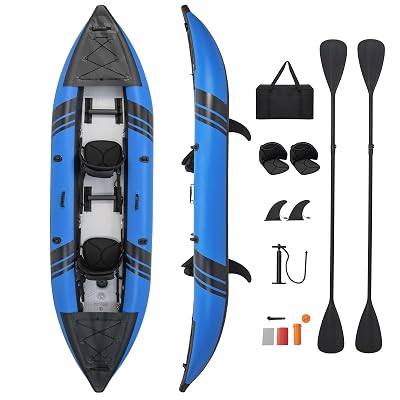 S AFSTAR Inflatable Kayak, 2 Person Canoe with 507 lbs Capacity, Drop-Stitch Floor, All Accessories & Carry Bag, 12.5 ft Large Sit in Tandem Kayak for Fishing, Camping & Exploring for Adults (Blue)