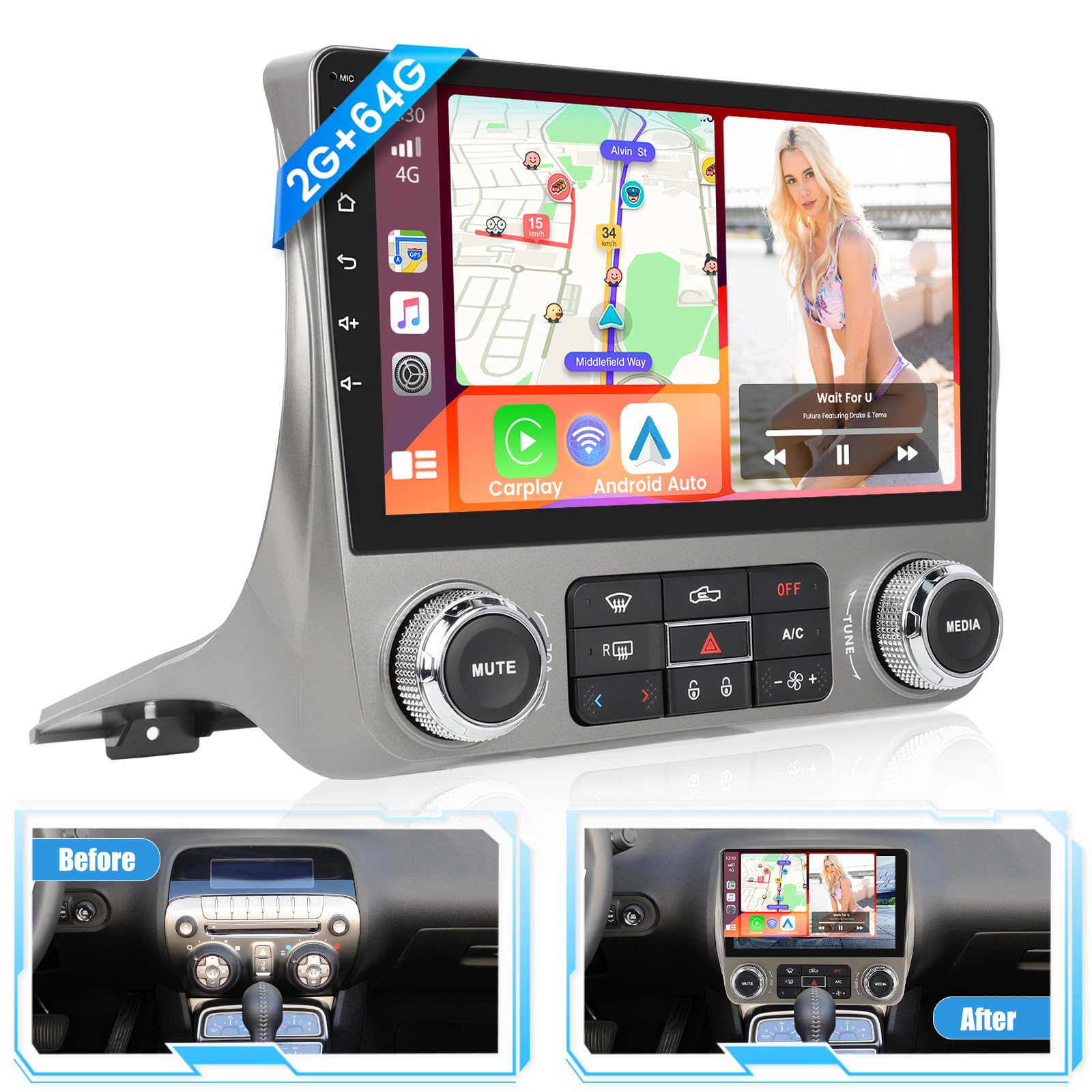 Photo 1 of [2+64G] Android 15 Car Radio Stereo for Chevrolet Chevy Camaro 2010-2015, 9 inch IPS Touch Screen Radio, Wireless Carplay/Android Auto/Bluetooth/GPS/FM RDS/EQ/WiFi +Free AHD Cam