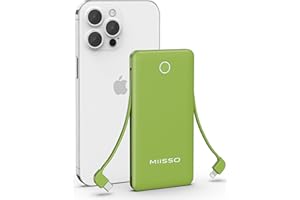 miisso 10000mAh Slim Portable Charger with Built in Cable, Power Bank Travel Charger External Battery Pack for Phone, 4 Output USB Type C Cord Clutch Charger Compatible with iPhone, Green