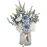 NAWEIDA Artificial Flowers with Vase, Faux Dahlia Flower Arrangement in Glass Vase, Blue and White Silk Flowers with Eucalyptus for Home Office Kitchen Dining Table Centerpiece Decor